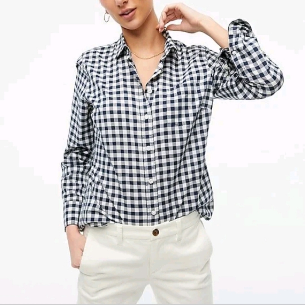 🔥J.CREW‎ Factory Navy Blue White Gingham Check Cotton Poplin Button Down Shirt
